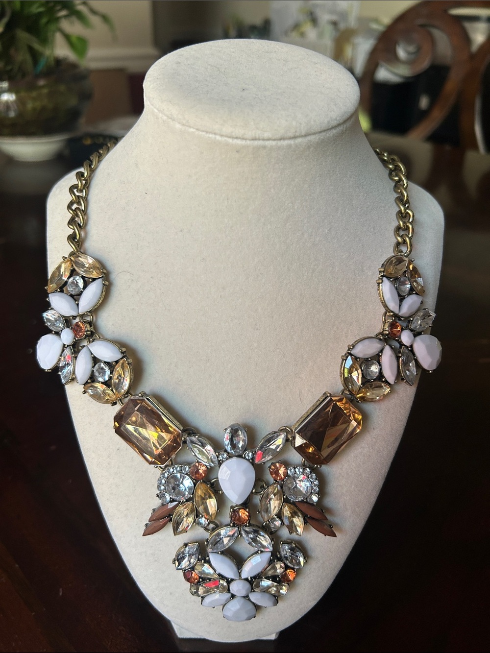 Statement Crystal Bib Necklace in White and Champagne and Amber
